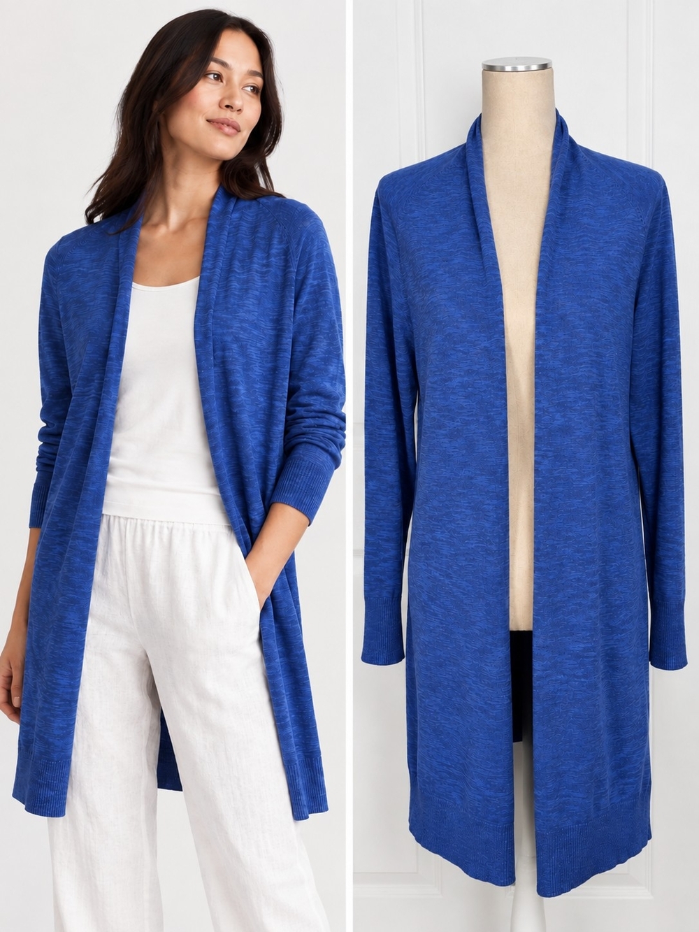 Eileen Fisher Organic Linen Cotton Slub Long Open Cardigan Blue L